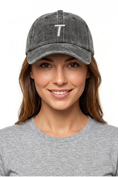 ŞapkaMania Black Embroidered Washable Vintage Unisex Hat with Letter t