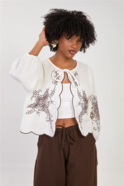 BARRELS AND OIL Women's Floral Embroidered Tie-Back Blouse - White/Coffee