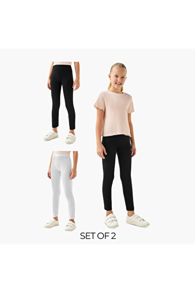Juniors Pack of 2 Solid Cotton School Leggings with Elastic Waistband - Girls