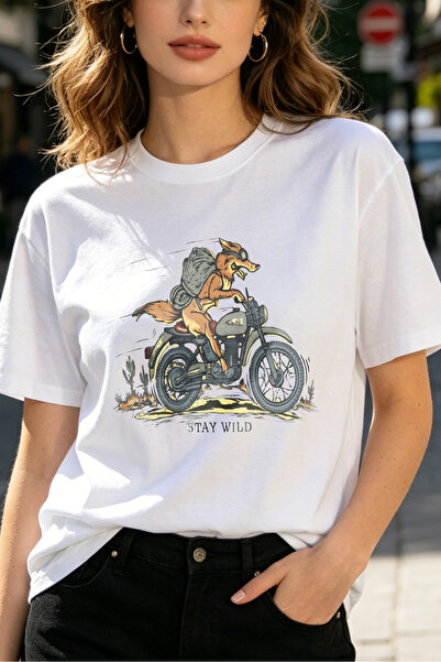 Fleck Womens T Shirts Wolf Riding Motorcycle Stay Wild Graphic Print Casual S...