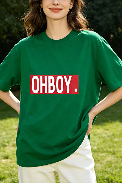 Fleck قمصان نسائية بطباعة نصية 'Ohboy' بتصميم فضفاض غير رسمي باللون الأخضر، أ...