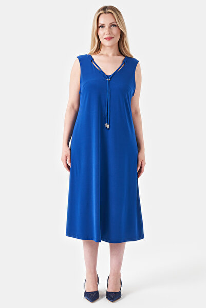 TOLGA SARAÇOĞLU 40178 Saks Knitted Fabric Comfortable Cut Sleeveless Dress