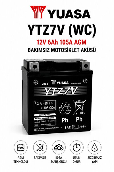 Yuasa YTZ7V (WC) 12V 6Ah 105A AGM Bakımsız Motosiklet Aküsü Tak Çalıştır