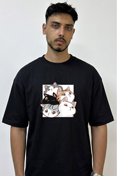 Anetos Cartoon Cats Design Printed Oversize Black T-Shirt