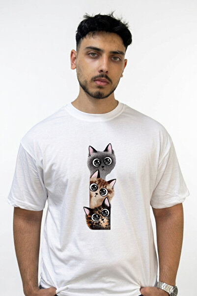 Anetos Μπλουζάκι με σχέδιο Cat Tower, εμπριμέ, υπερμεγέθη, λευκό