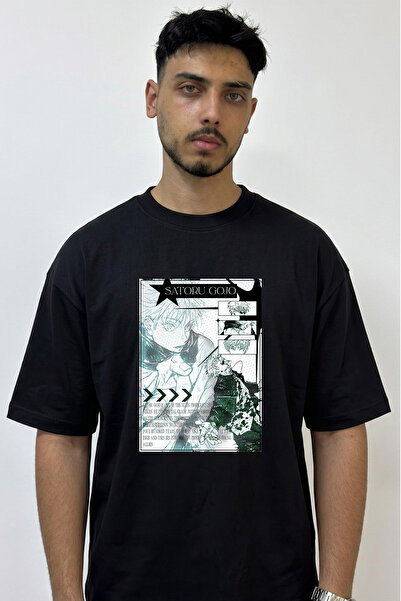 Anetos Satoru Gojo_4 Μαύρο μπλουζάκι με στάμπα σε σχέδιο Design, Oversize