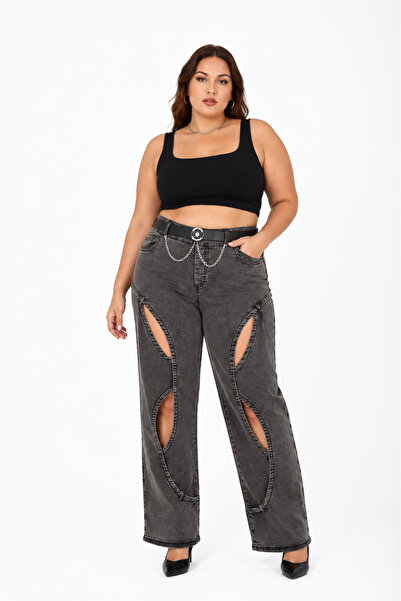 ZANESSİ FASHION Plus Size Denim High Waist Belted Low-Cut Wide Leg Women's Tr...