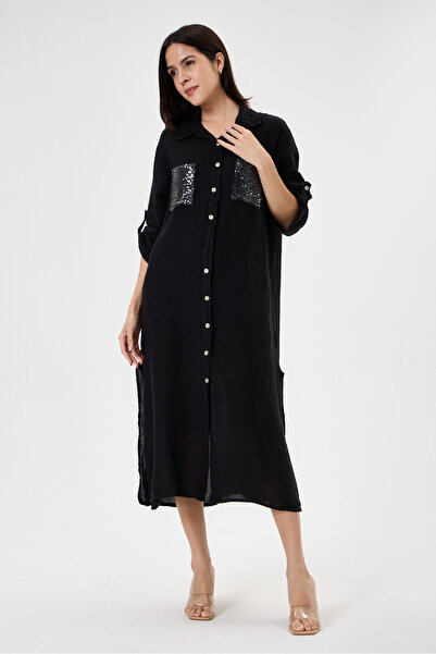 della moor Black Italian 100% Linen Fold-Over Short Sleeve Linen Shirt Dress ...