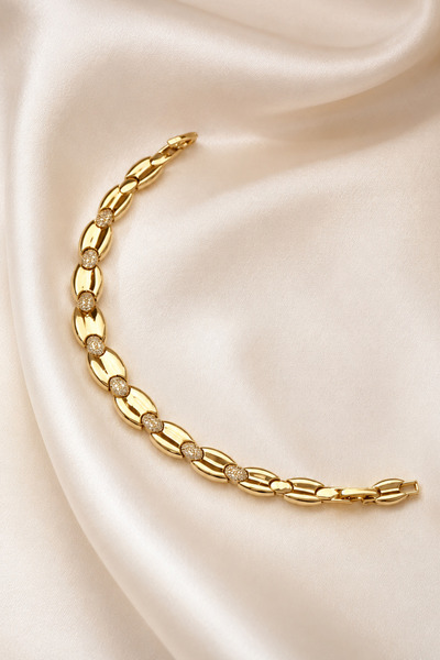 Balenbi Jewelry Kadın Taşlı Oval Bakla Detaylı Kararmaz Çelik Bileklik 14K Go...