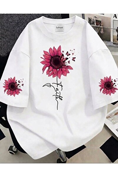 LELVANİ Women's Pink Daisy Sleeve Detailed Crew Neck T-Shirt