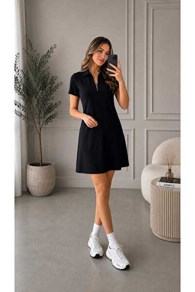 moda lera KADIN SİYAH POLO YAKA FERMUARLI GÜNLÜK ŞIK LİKRALI SPOR MİNİ ELBİSE...