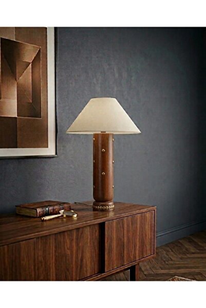 poplinhome Ahşap Pirinç Gövdeli Keten Başlıklı Abajur - 45 cm Dekoratif Masa ...