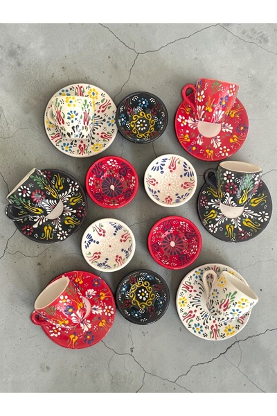 Artistic Quality Decorative 6-Person Tulip Design Fully Handmade Coffee Cup Set and Snack Bowl-Sauce Bowl