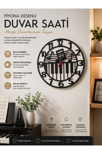 Formera Piyano Desenli Dekoratif Duvar Saati | Modern Müzik Temalı Sessiz Duv...