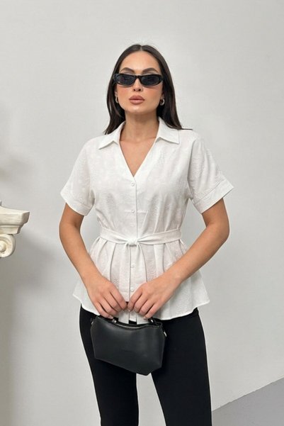 spirituel Women Shirt Short Sleeve Belted Button down Patterned Oversize Slim Flowy Shirt