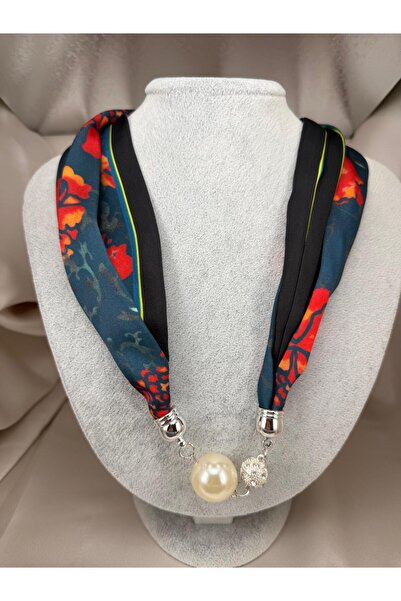 ZS Aksesuar Women's Navy Blue Red Floral Patterned Scarf Necklace Stylish Fab...