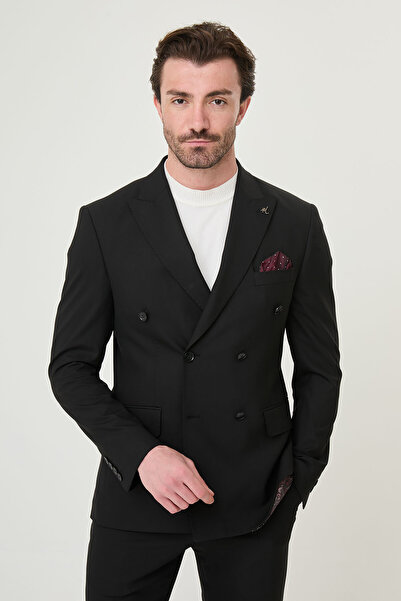 Mcr Straight Slim Fit Wide Collar Double Breasted Men's Suit Black - 45476.26Y