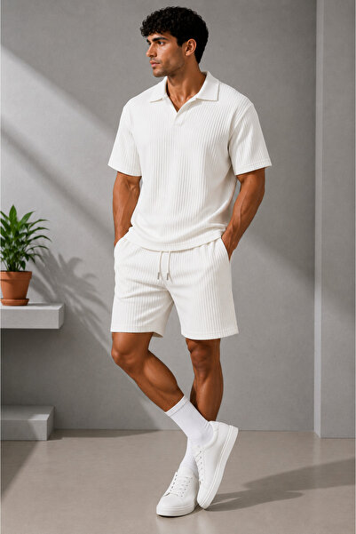FECCY Premium Ribbed Ottoman Fabric Polo Collar Unisex T-Shirt and Shorts Set...