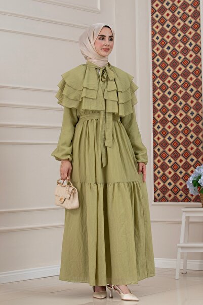 Sevitli Ruffle Detailed Roza Hijab Dress-Green