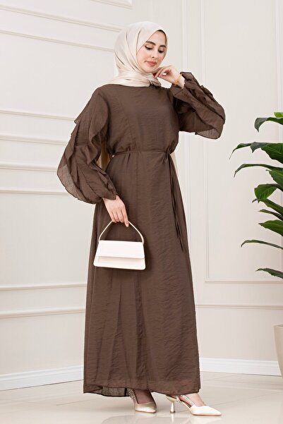 Sevitli Simay Dress with Ruffle Detail on the Sleeves - Brown