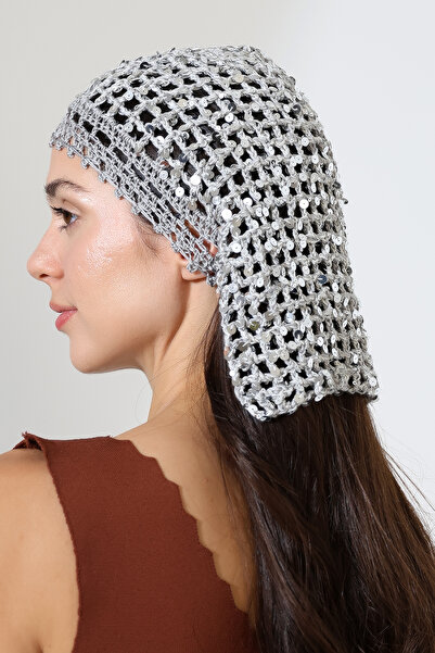 FATMA PULLU İP Bandană tricotată manual cu paiete gri argintiu – Accesoriu de...