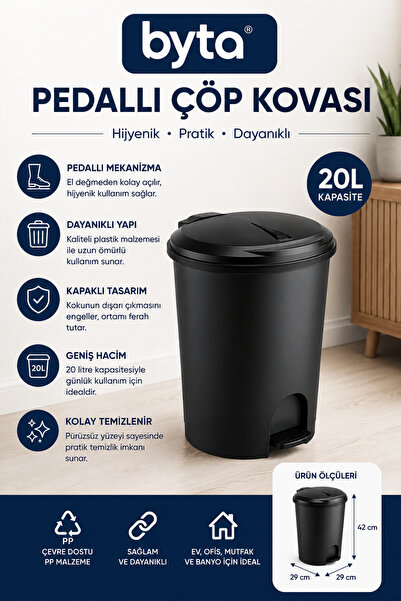 BYTA 20 Liter Pedal Trash Can with Lid Plastic Trash Bin Black |   For Kitche...
