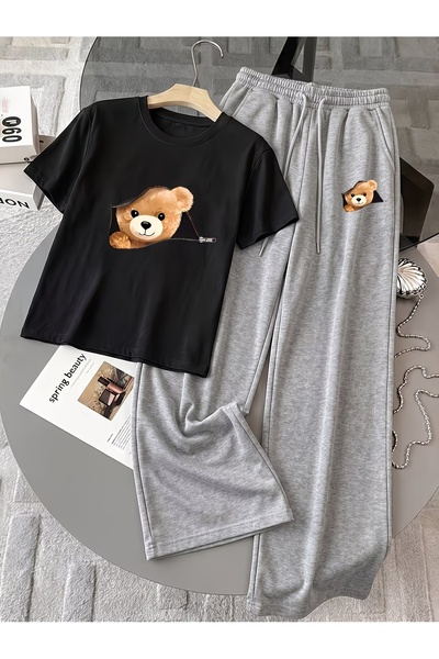 macklin Unisex Women's Men's Zipper Bear Print Oversized Tshirt and Baggy Swe...