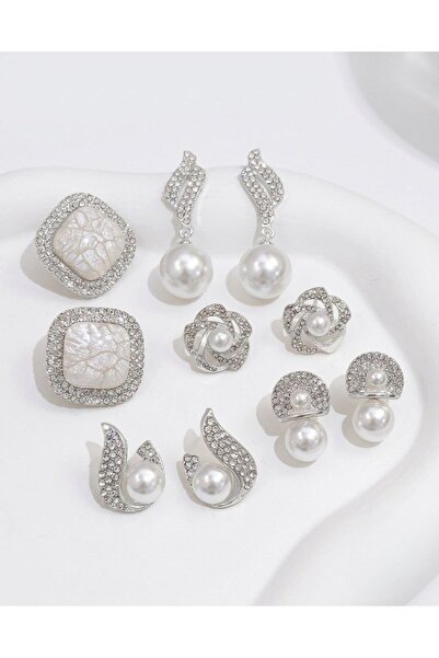 Nevara Women's Silver Color Mixed Designs Crystal and Faux Pearl Earrings Set...