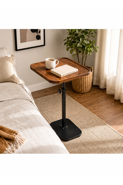 N.zone Mobile Side Table with Wooden Top and Carbon Steel Frame, Height Adjus...