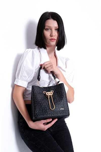 Just Polo Women's Black Handbag with Logo Print and Chain Detail, Bucket Model