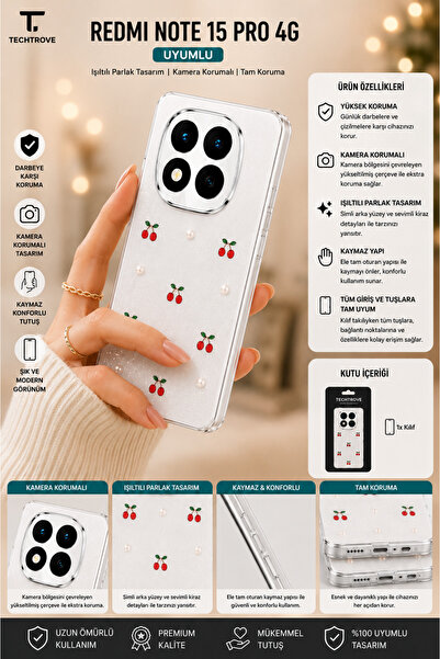 TechTrove Redmi Note 15 Pro 4G Uyumlu Şeffaf ve Simli Darbe Emici Kamera Koru...