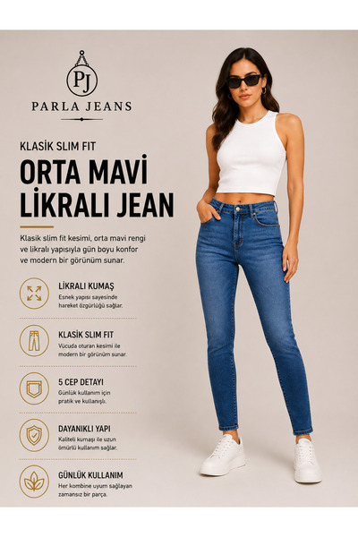 Parla Jeans بنطلون جينز نسائي كلاسيكي أزرق متوسط ​​اللون بقصة ضيقة وخصر عالٍ ...