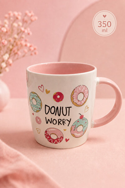Archora Donut Desenli Peluşlu Anahtarlık Hediyeli Porselen Kupa 350 ml