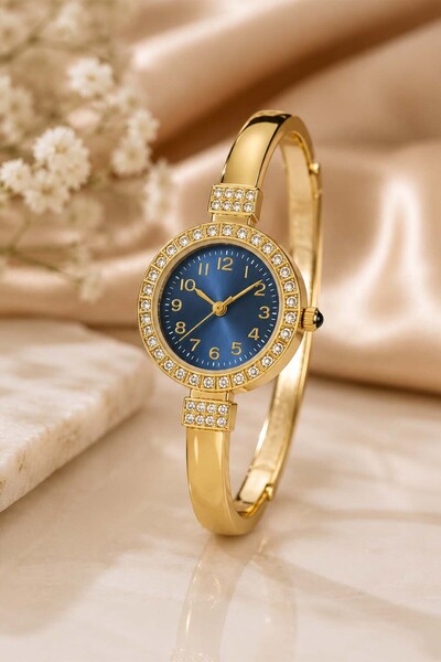 GANYMET Stei̇s Women's Gold Steel Handcuff Watch with Navy Blue Dial Stone Em...