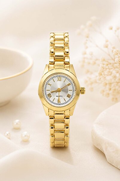 GANYMET Rolly Women's Gold Steel Wristwatch with Silver White Dial Roman Nume...