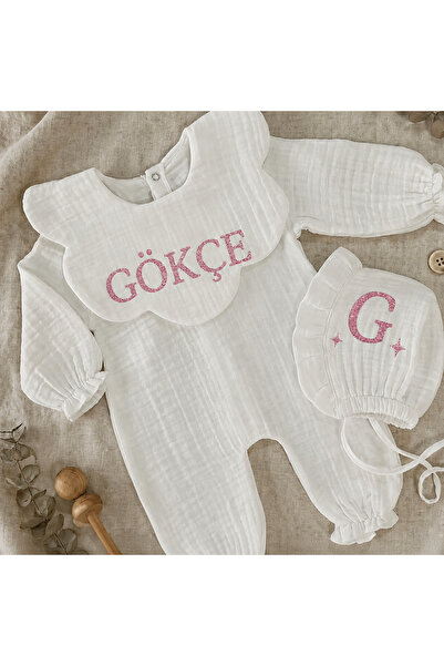 Gökçem hediyelik Müslin kız bebek tulum ve şapka set (isim baskılı )