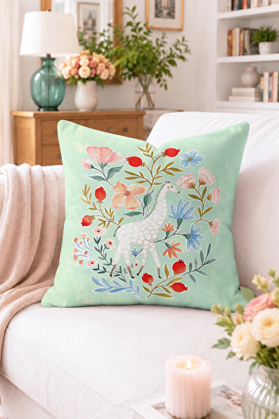 Home Zürafa ve Çiçek Desenli Mint Yeşili Kırlent Kılıfı - Botanik Dekoratif Y...