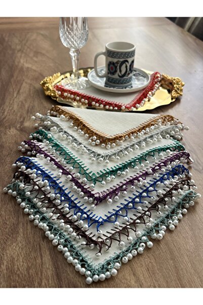 AHİR TİCARET Handmade Beaded Coffee Presentation-Serving Napkin 6 Pieces