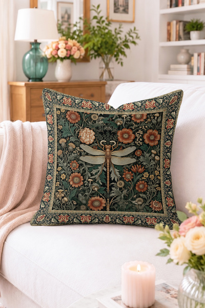 Home Yusufçuk Figürlü Çiçek ve Yaprak Desenli Kırlent Kılıfı - Vintage Botani...