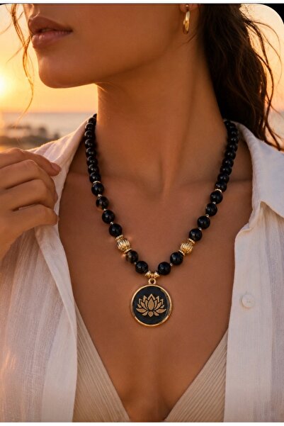 TARZ-I TAKI Natural Stone 10 mm Black Onyx Lotus Design Necklace