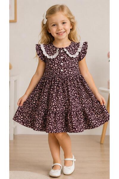KOZADANKIDS Kız Çocuk Dantel Yakalı Kısa kollu Yazlık Şık Elbise