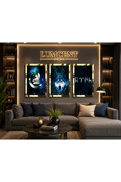Lumcent 3 Parça Kurt Temalı MDF Tablo Seti – Altın Pleksi Çerçeveli Premium D...