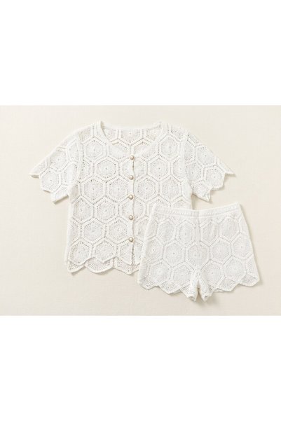 Pulchrani Women's Cream Crochet Knit Blouse and Shorts Two-Piece Set