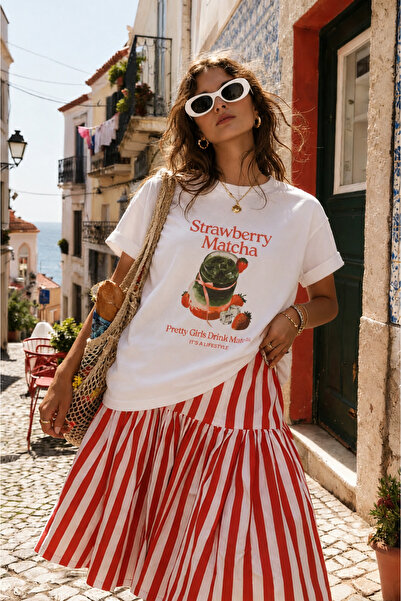 Soho Mood Women's Strawberry Matcha Printed 100% Cotton Regular T-Shirt