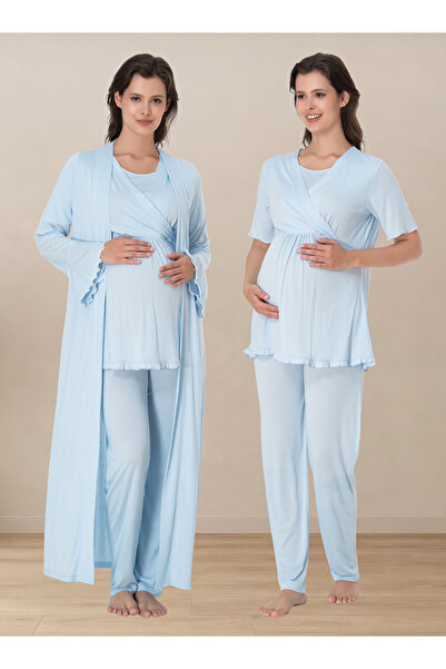 ByLohusa Soft Textured Cotton Maternity Pajama Set with Dressing Gown Effortt...