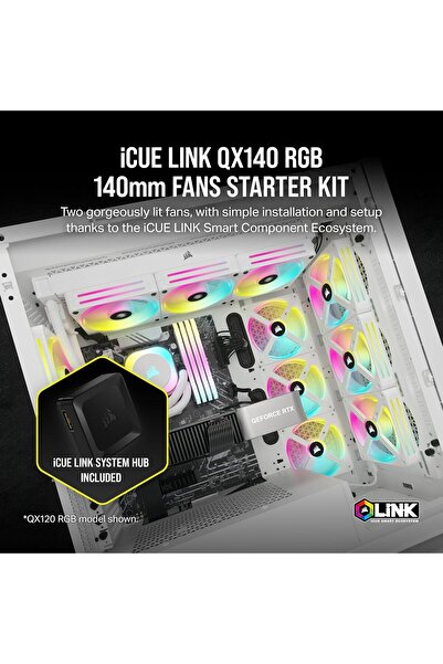Corsair iCUE Link QX140 RGB 140mm Magnetic Double Fan Kit with System Hub - W...