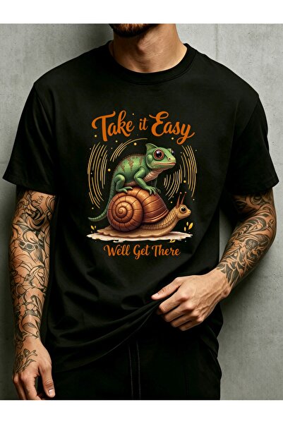NOURAM تي شيرت رجالي بتصميم حلزون الحرباء، تصميم "Take It Easy Well Get There...