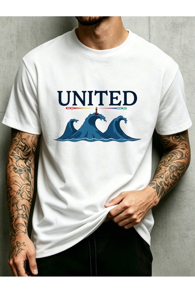 1001 Line تي شيرت رجالي بتصميم كاجوال، تصميم United Waves And Lighthouse، ملا...