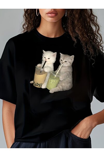 1001 Line New Fun T-Shirt with Kitten Drinking Bubble Tea Print, Solid Black ...