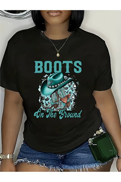 12 Teknoloji Women's Unisex Cowboy Boots & Hat Denim T-Shirt - Semi-Sheer Top...